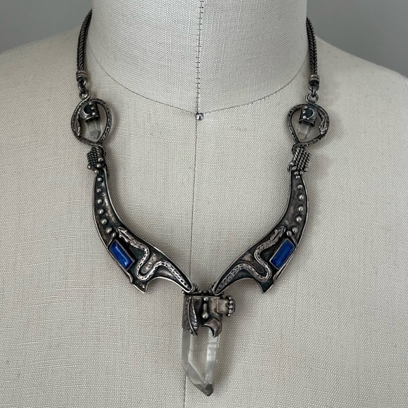 VINTAGE 950 silver quartz crystal lapis blue artisan Handmade bib necklace snake - Picture 7 of 16